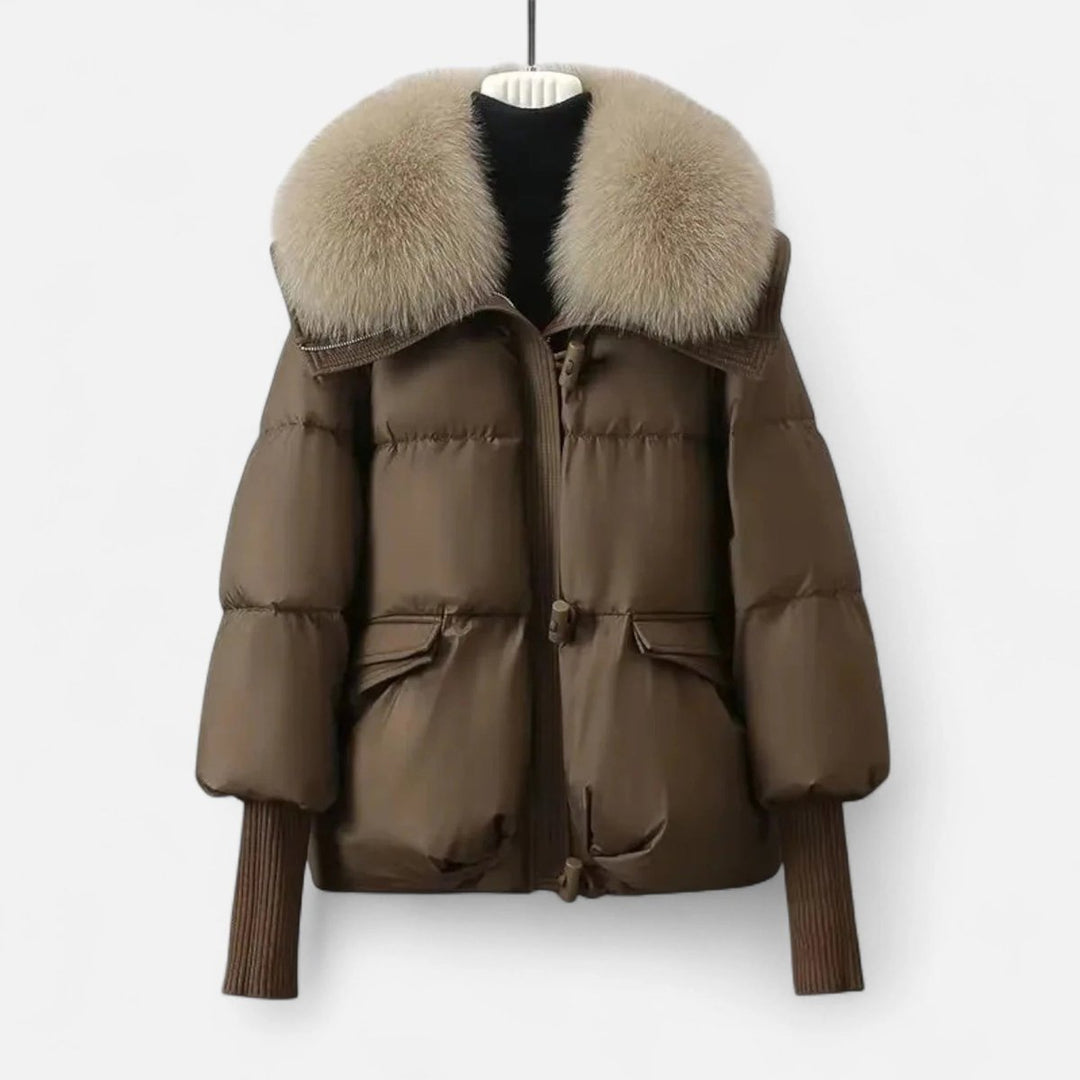 Women's Ladies Puffer Jacket Faux Fur Collar Ribbed Sleeve Coat