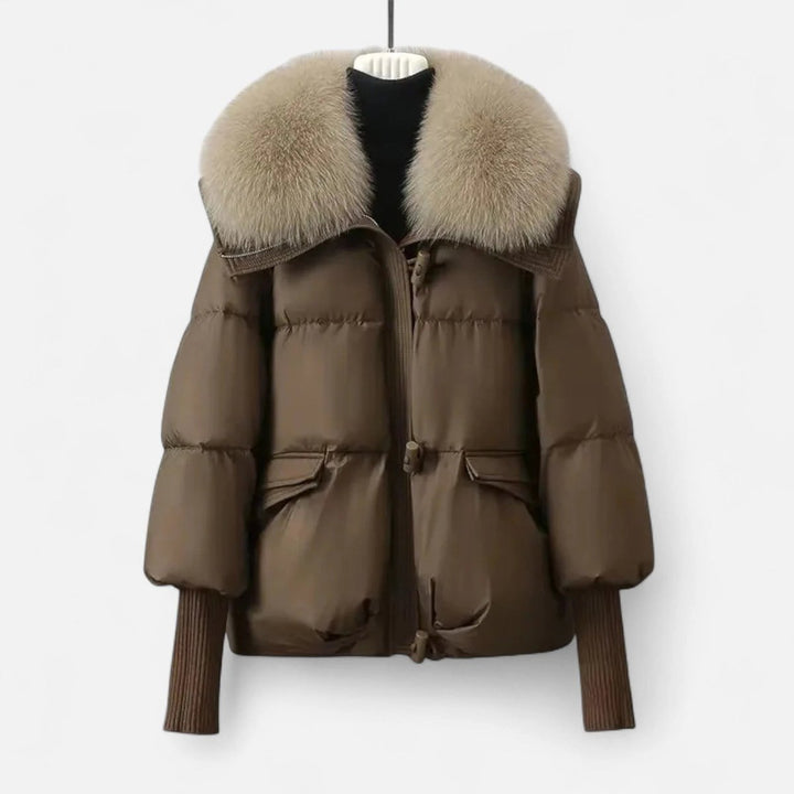 Women's Ladies Puffer Jacket Faux Fur Collar Ribbed Sleeve Coat