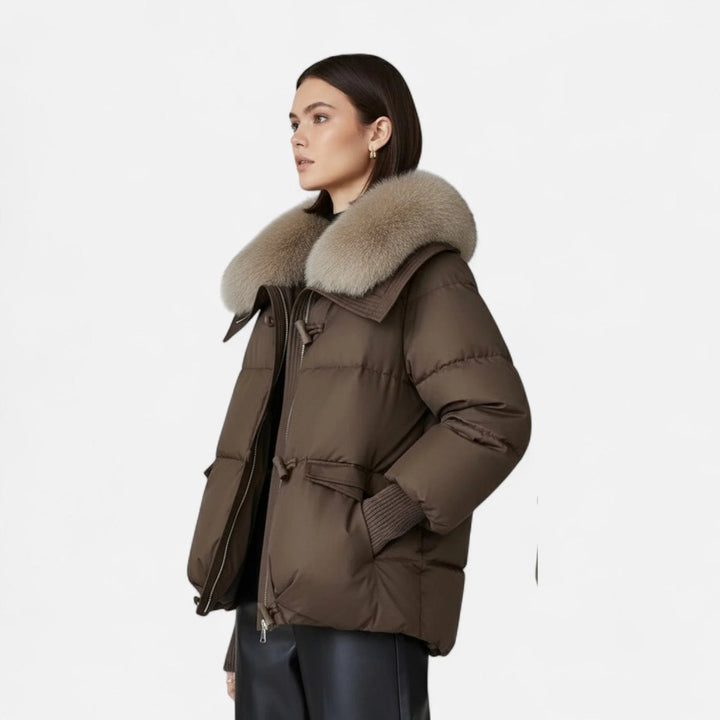 Women's Ladies Puffer Jacket Faux Fur Collar Ribbed Sleeve Coat