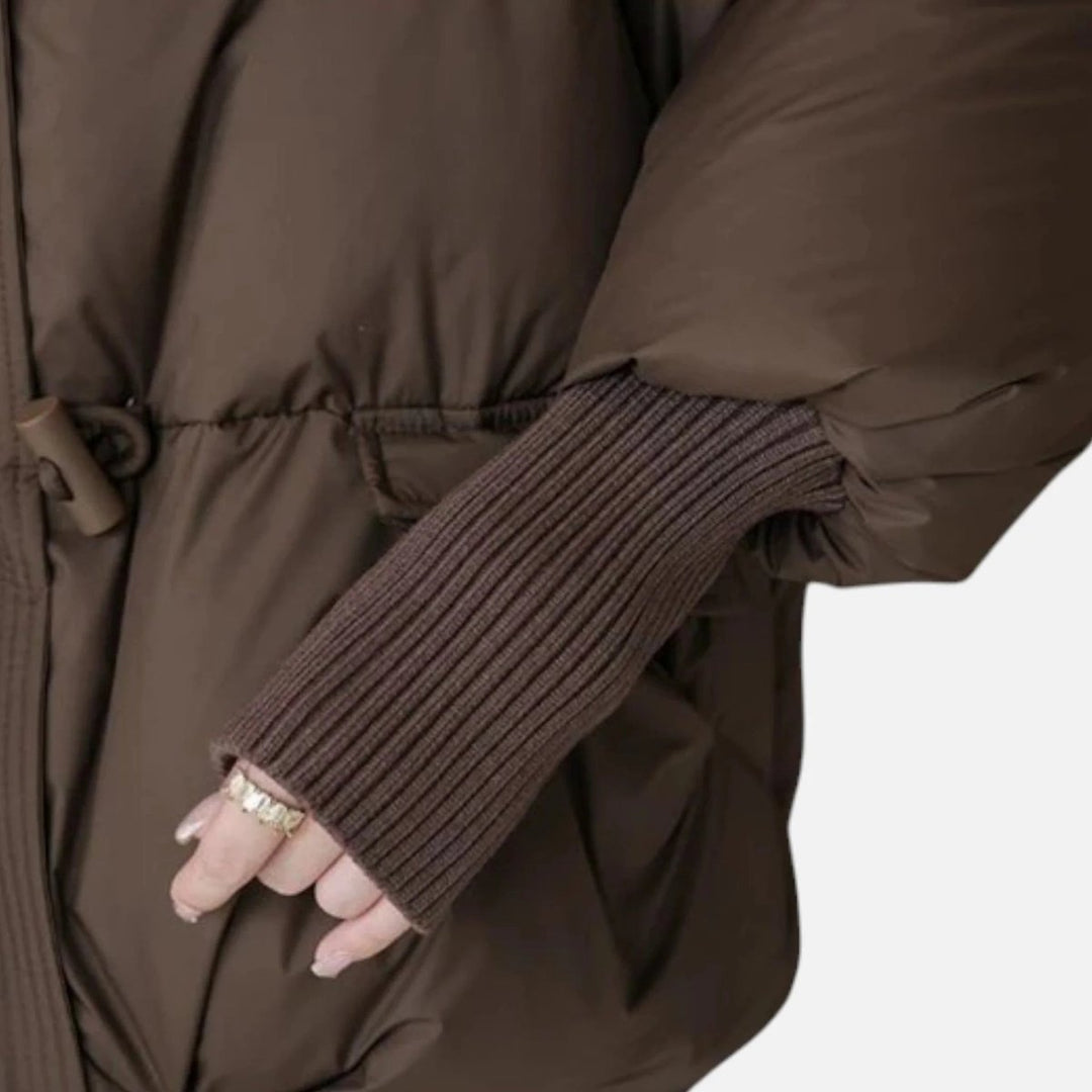 Women's Ladies Puffer Jacket Faux Fur Collar Ribbed Sleeve Coat