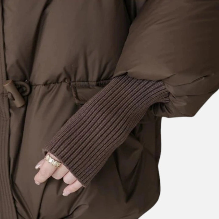 Women's Ladies Puffer Jacket Faux Fur Collar Ribbed Sleeve Coat
