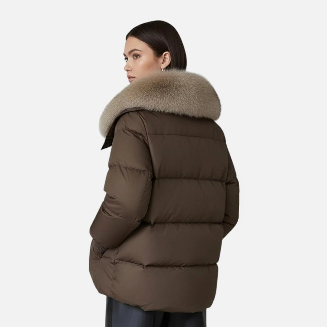 Women's Ladies Puffer Jacket Faux Fur Collar Ribbed Sleeve Coat