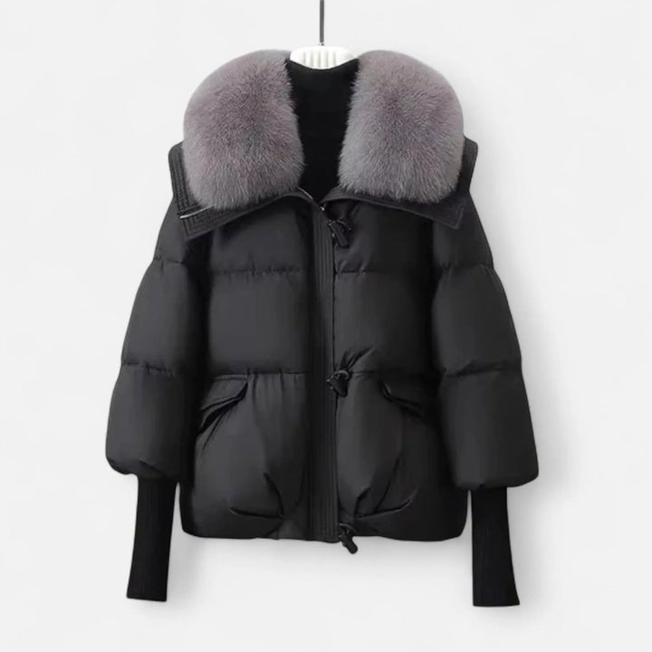 Women's Ladies Puffer Jacket Faux Fur Collar Ribbed Sleeve Coat