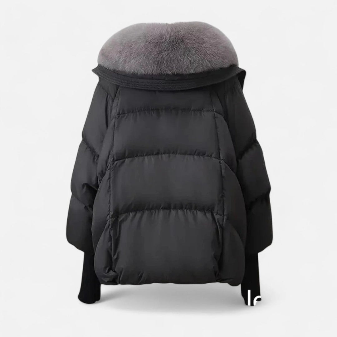 Women's Ladies Puffer Jacket Faux Fur Collar Ribbed Sleeve Coat