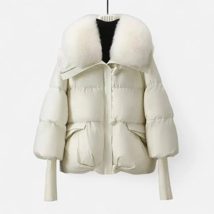 Women's Ladies Puffer Jacket Faux Fur Collar Ribbed Sleeve Coat