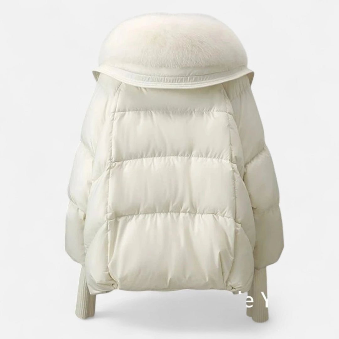 Women's Ladies Puffer Jacket Faux Fur Collar Ribbed Sleeve Coat