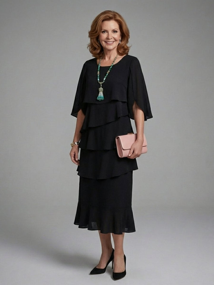 Women's Layered Cape Sleeve Everyday Party Midi Dress