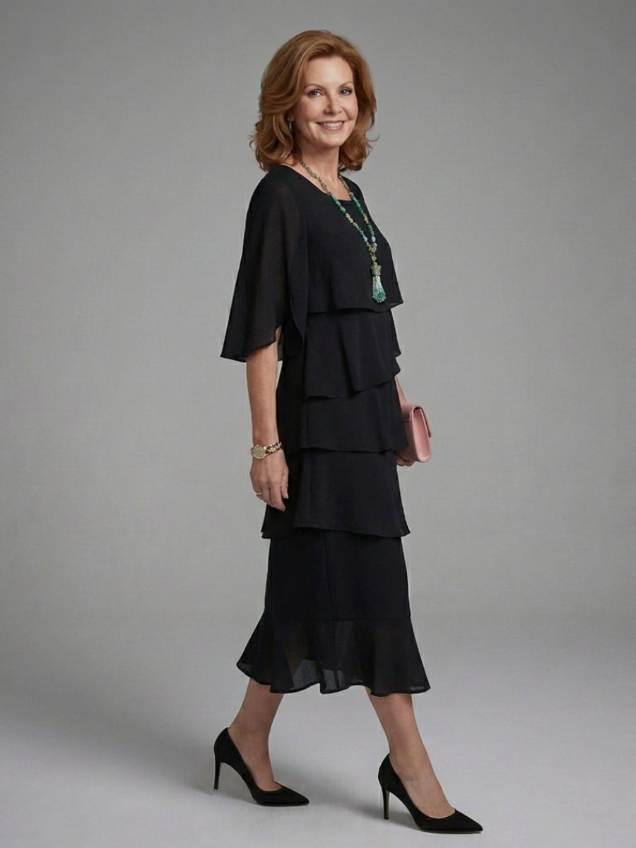 Women's Layered Cape Sleeve Everyday Party Midi Dress