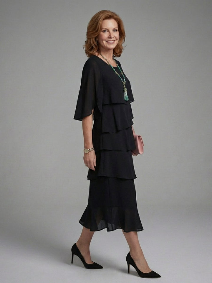 Women's Layered Cape Sleeve Everyday Party Midi Dress
