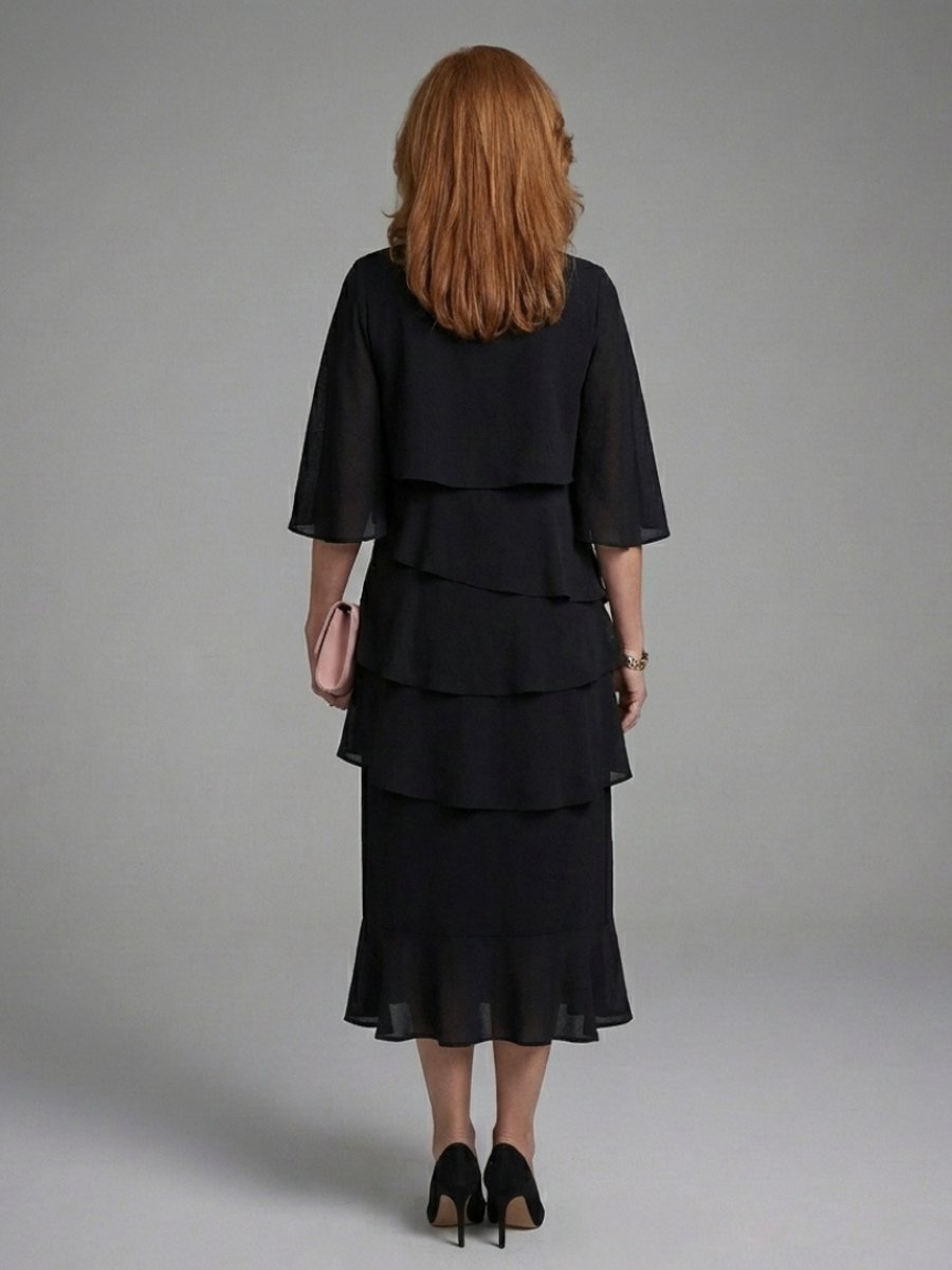 Women's Layered Cape Sleeve Everyday Party Midi Dress