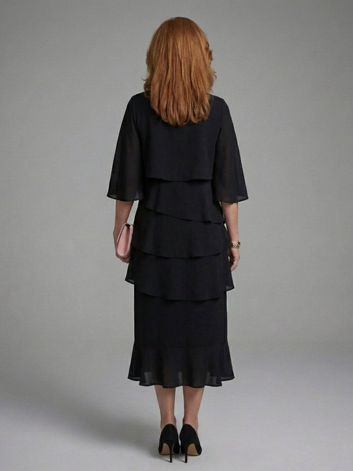 Women's Layered Cape Sleeve Everyday Party Midi Dress