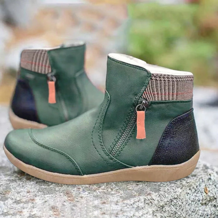 Women's Leather Ankle Boots Side-Zip Flat Waterproof Chelsea Boots - Green