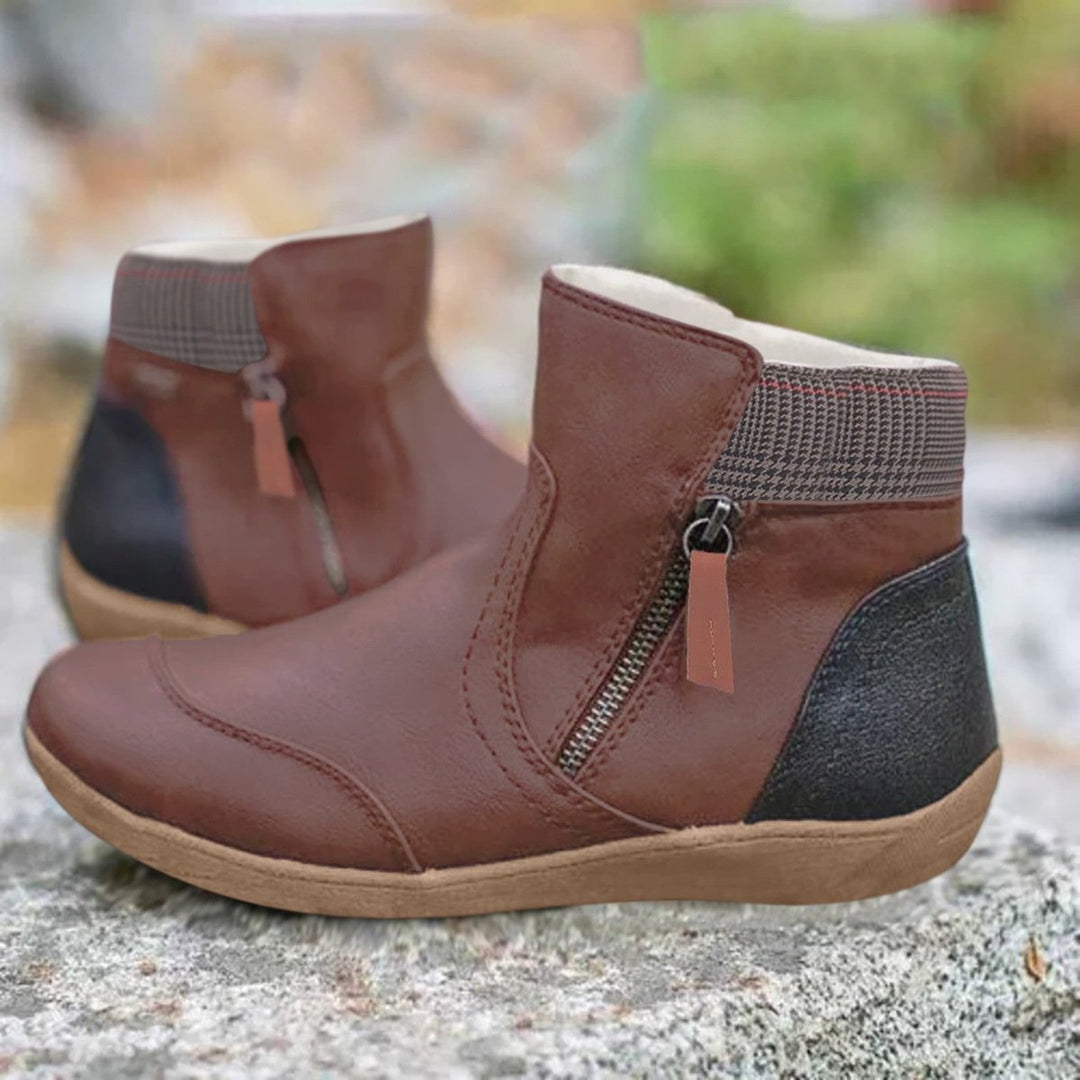 Women's Leather Ankle Boots Side-Zip Flat Waterproof Chelsea Boots - Brown