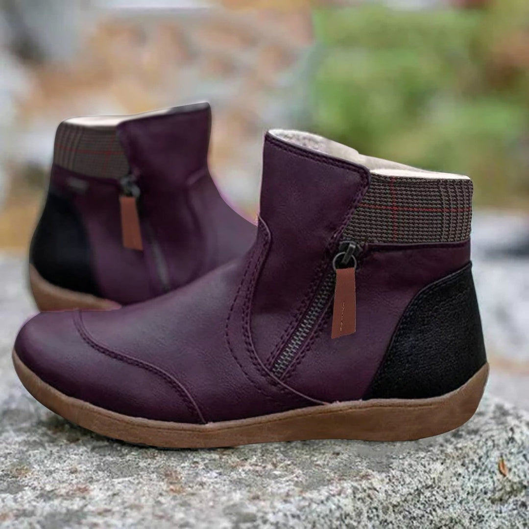 Women's Leather Ankle Boots Side-Zip Flat Waterproof Chelsea Boots - Purple