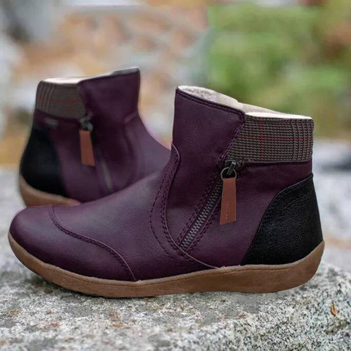 Women's Leather Ankle Boots Side-Zip Flat Waterproof Chelsea Boots - Purple