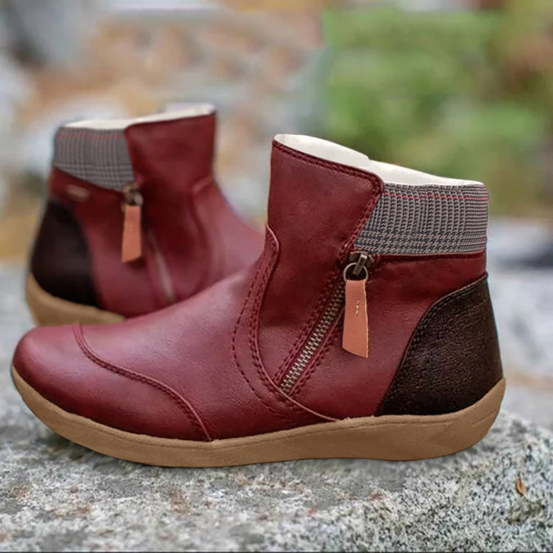 Women's Leather Ankle Boots Side-Zip Flat Waterproof Chelsea Boots - Red