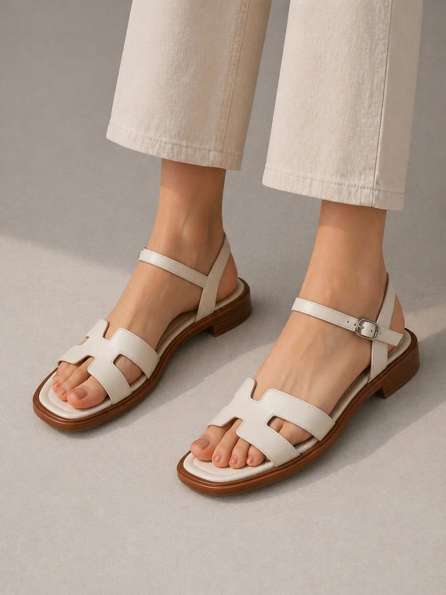 Women's Leather Ankle Strap Flat Sandals H-Bar Buckle