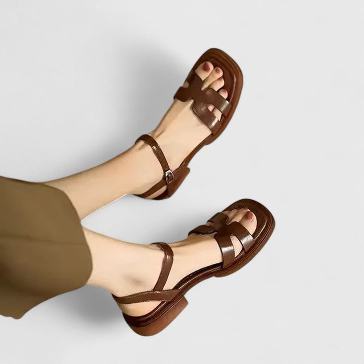 Women's Leather Ankle Strap Flat Sandals H-Bar Buckle