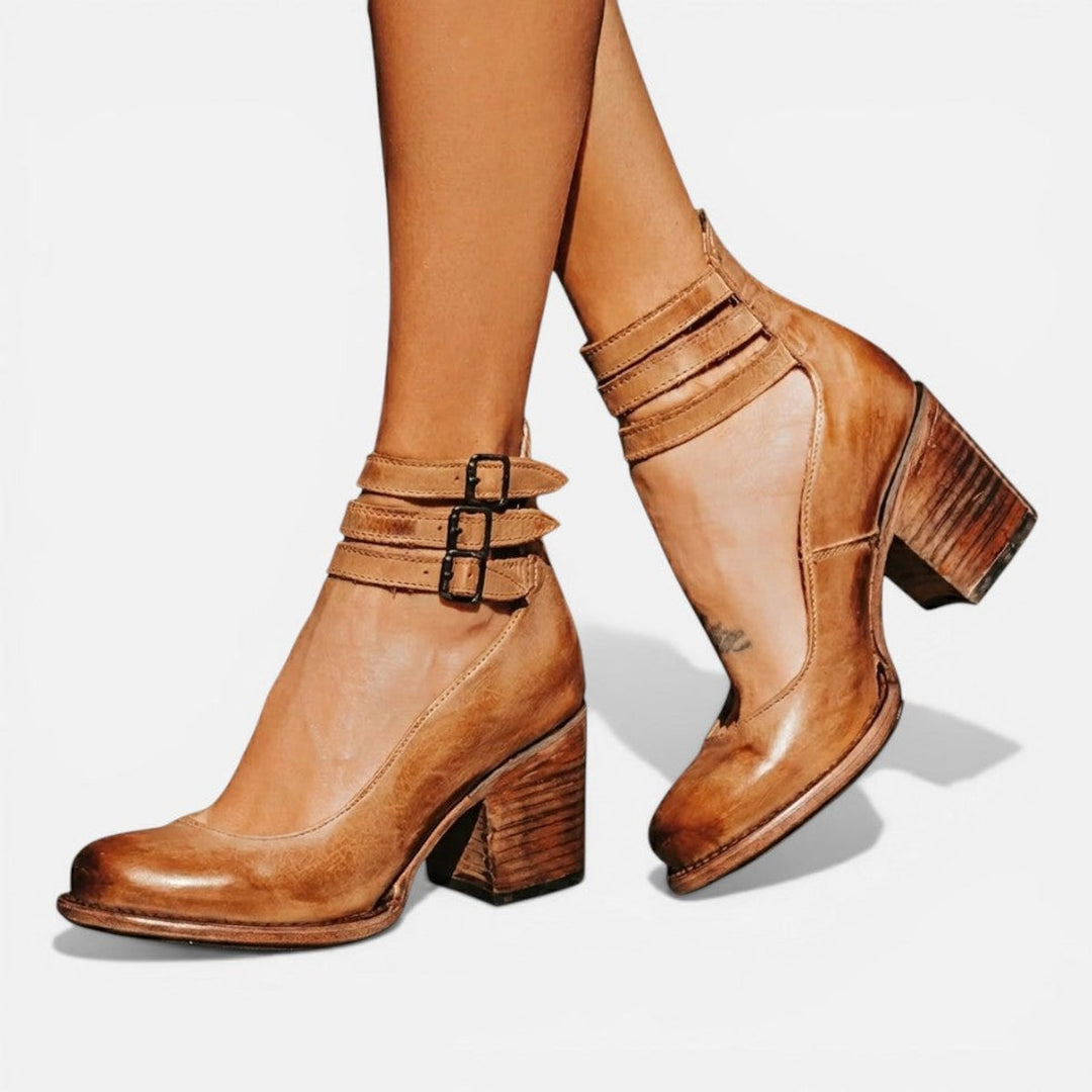 Women's Leather Block-Heel Ankle Boots Double Buckle Strap