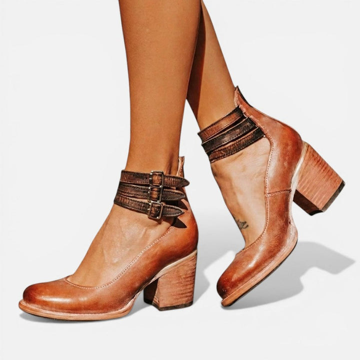 Women's Leather Block-Heel Ankle Boots Double Buckle Strap