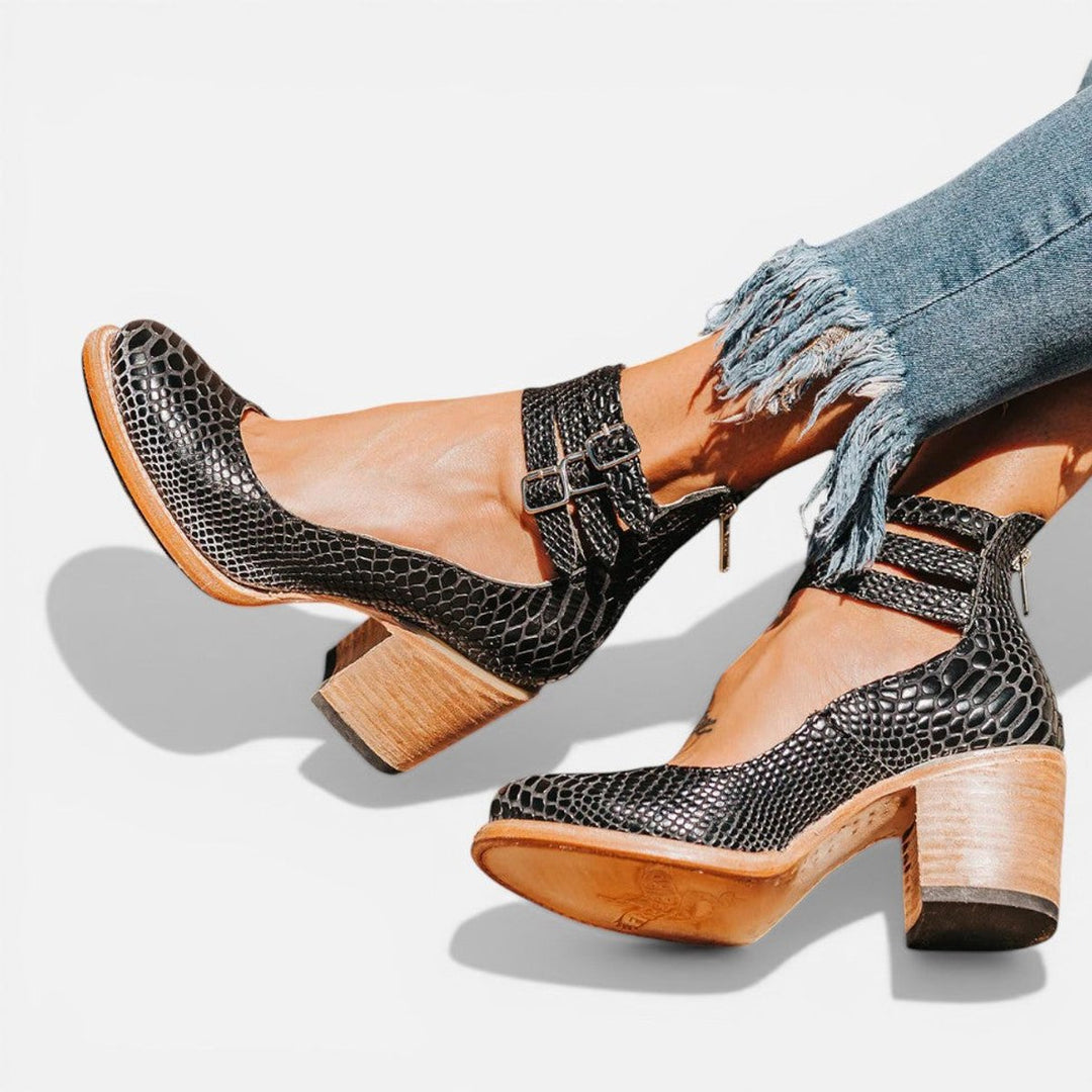Women's Leather Block-Heel Ankle Boots Double Buckle Strap