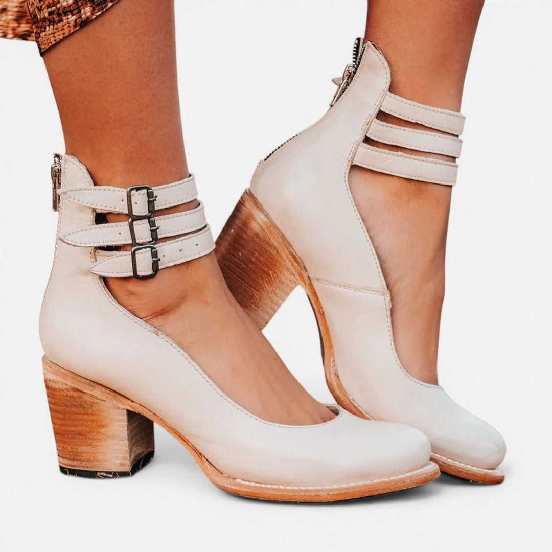 Women's Leather Block-Heel Ankle Boots Double Buckle Strap