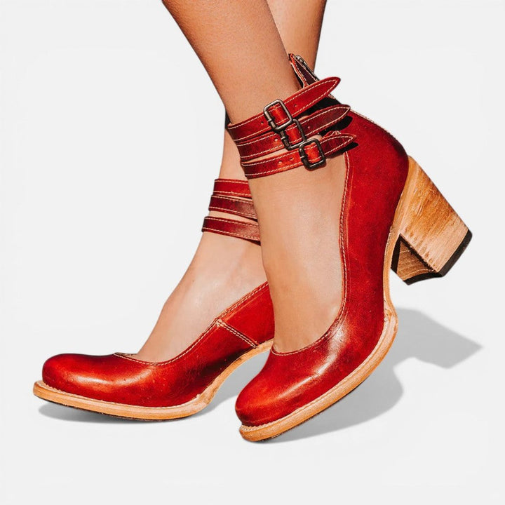 Women's Leather Block-Heel Ankle Boots Double Buckle Strap