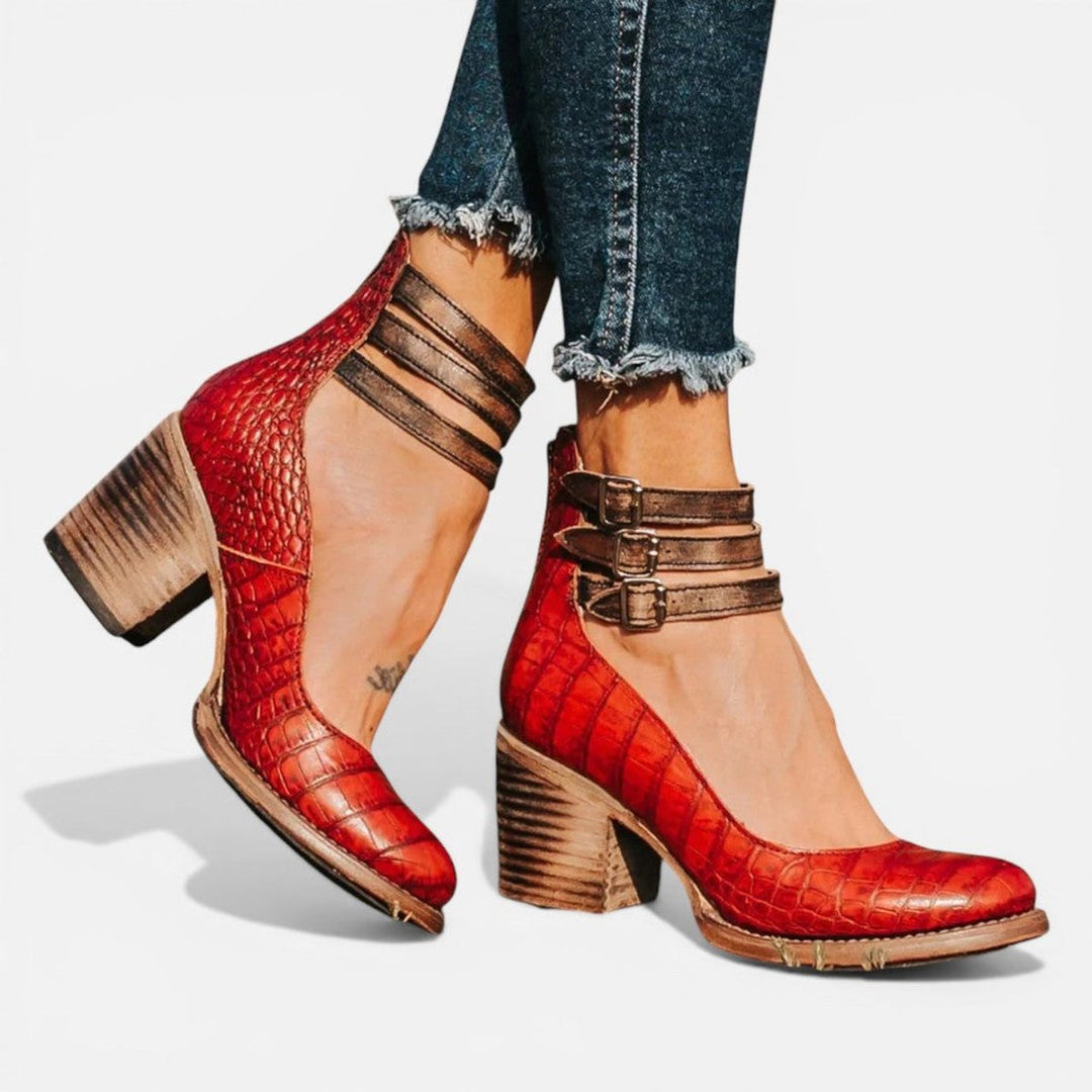 Women's Leather Block-Heel Ankle Boots Double Buckle Strap