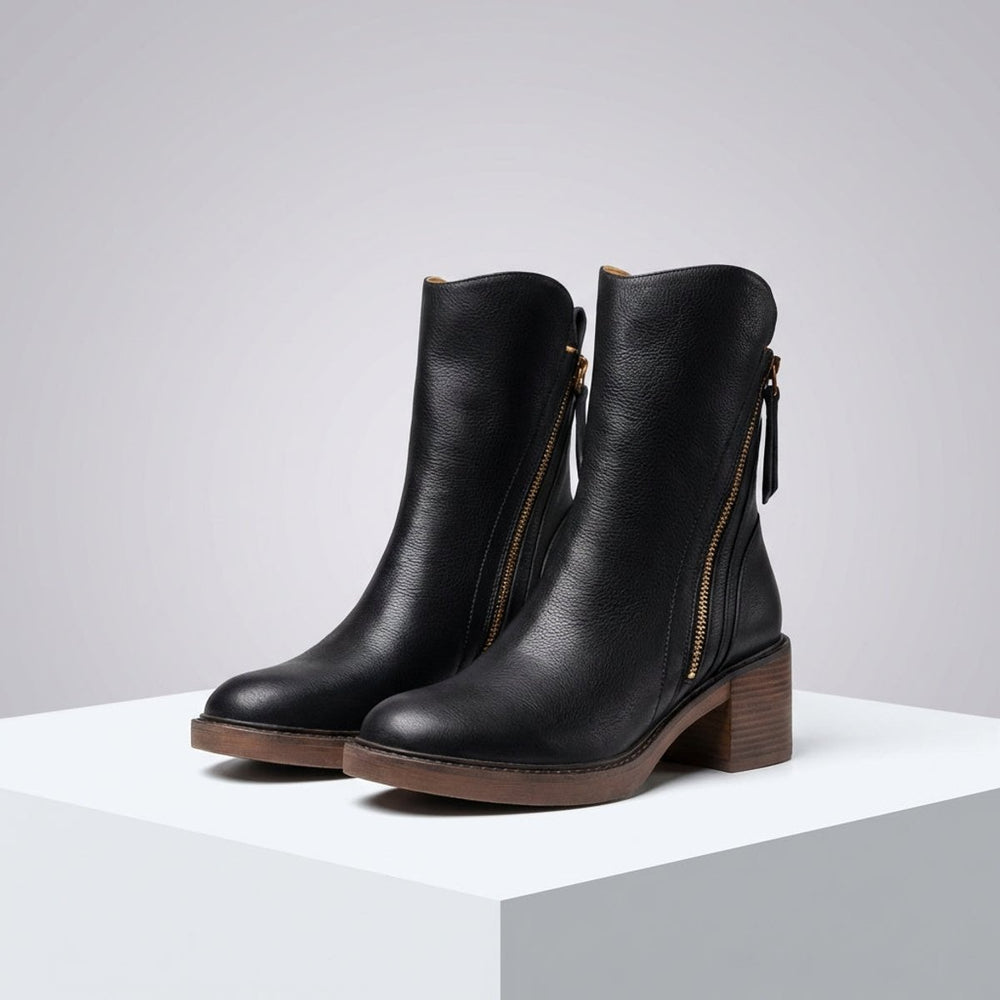 Women's Leather Block-Heel Ankle Boots Side-Zip