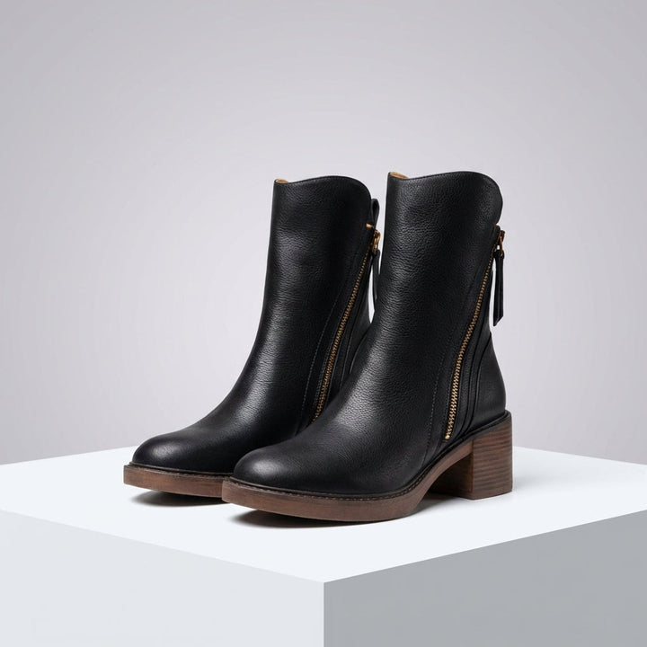 Women's Leather Block-Heel Ankle Boots Side-Zip
