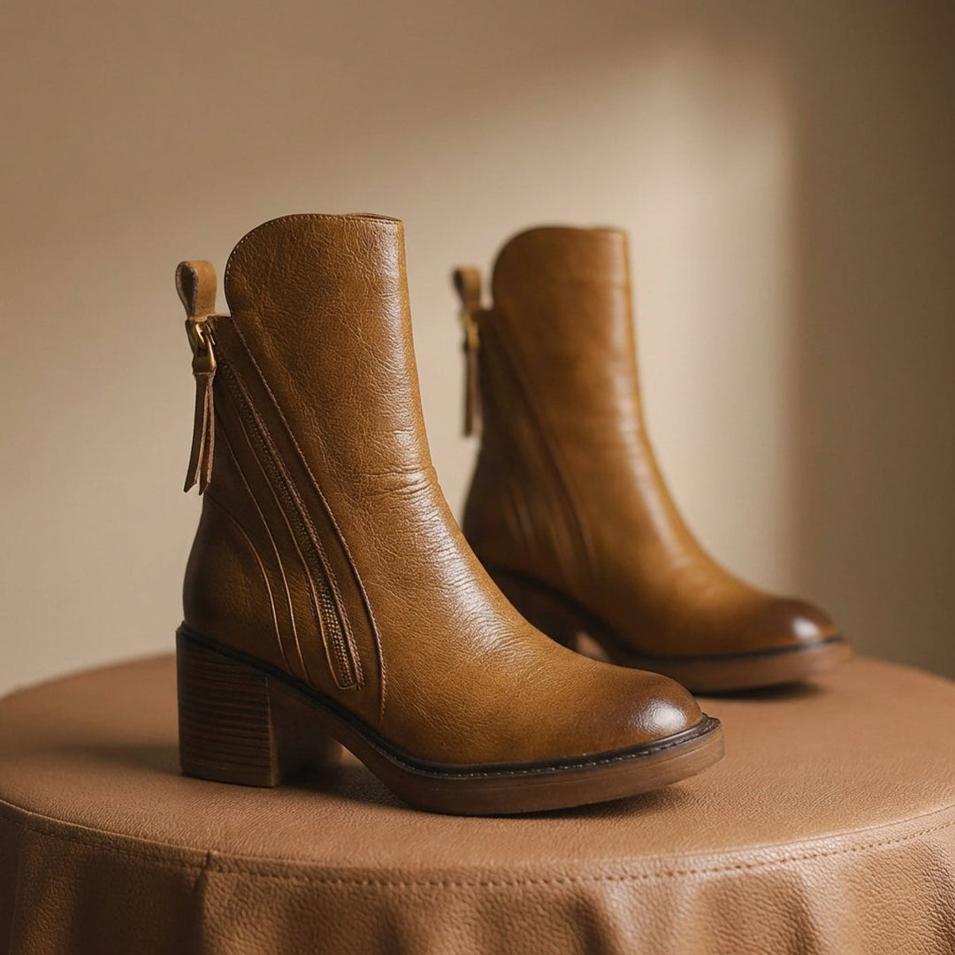 Women's Leather Block-Heel Ankle Boots Side-Zip