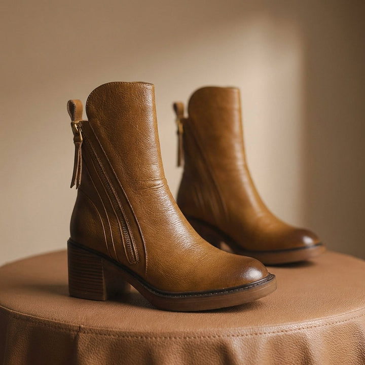 Women's Leather Block-Heel Ankle Boots Side-Zip