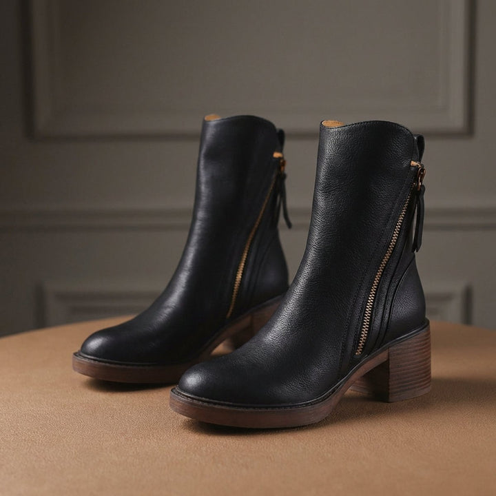 Women's Leather Block-Heel Ankle Boots Side-Zip