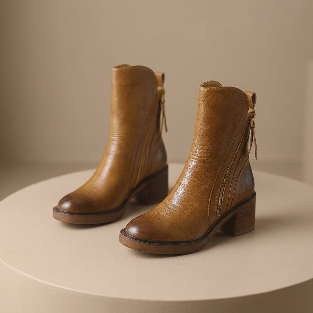 Women's Leather Block-Heel Ankle Boots Side-Zip