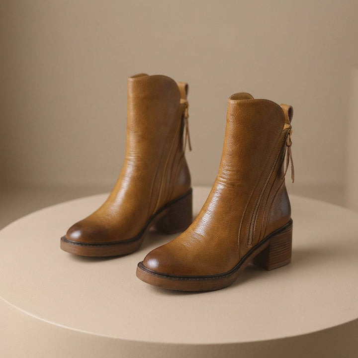Women's Leather Block-Heel Ankle Boots Side-Zip