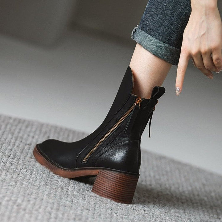 Women's Leather Block-Heel Ankle Boots Side-Zip
