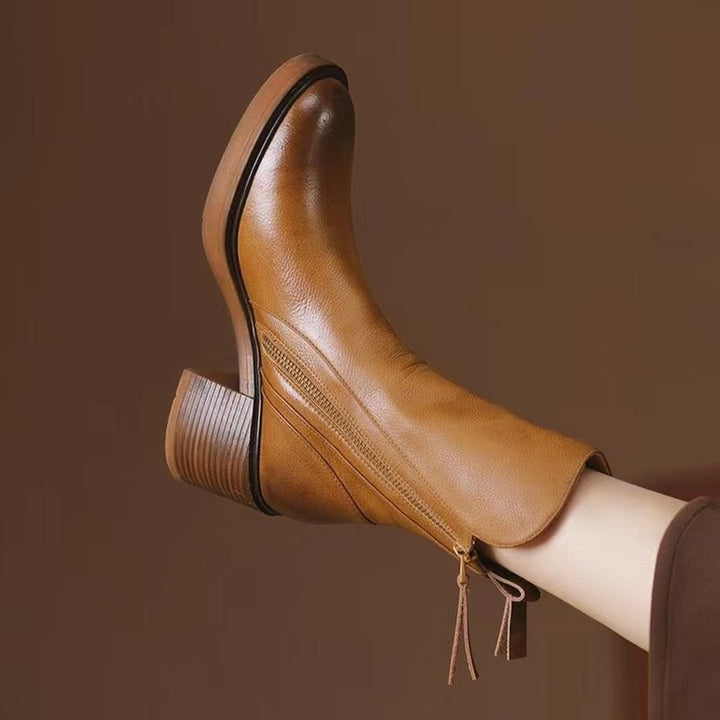 Women's Leather Block-Heel Ankle Boots Side-Zip