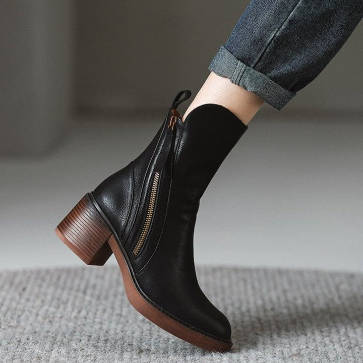 Women's Leather Block-Heel Ankle Boots Side-Zip