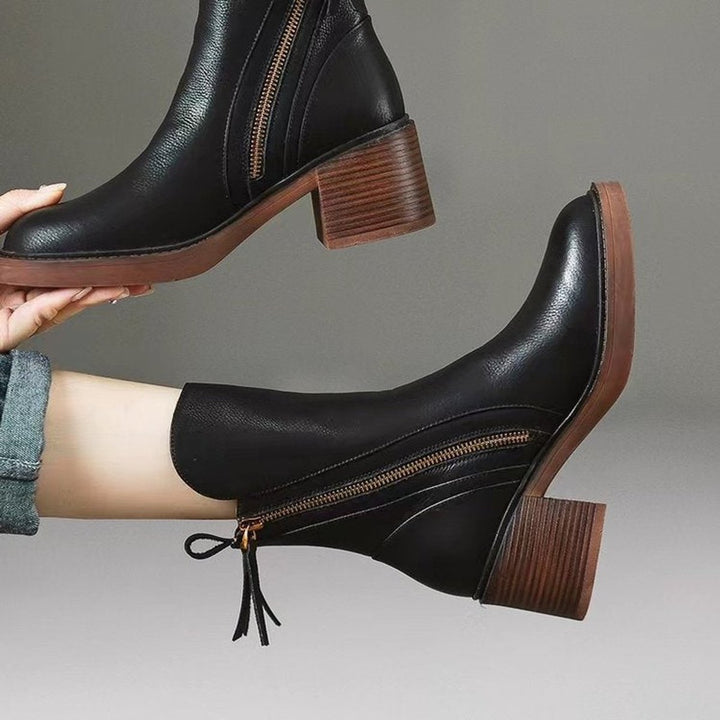 Women's Leather Block-Heel Ankle Boots Side-Zip