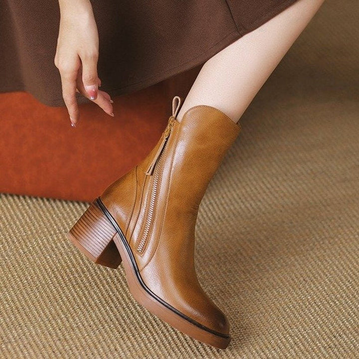 Women's Leather Block-Heel Ankle Boots Side-Zip