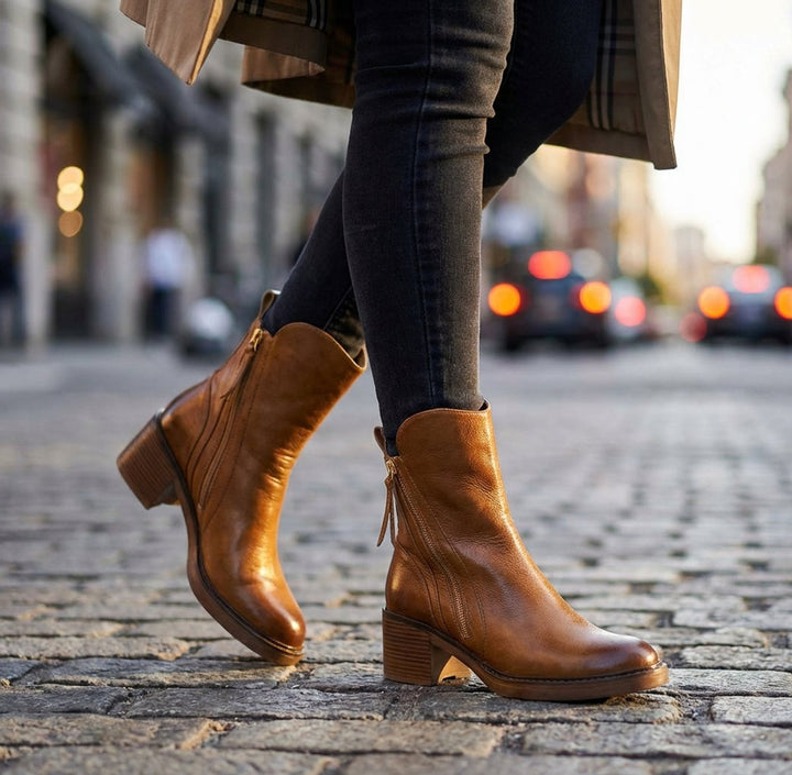 Women's Leather Block-Heel Ankle Boots Side-Zip