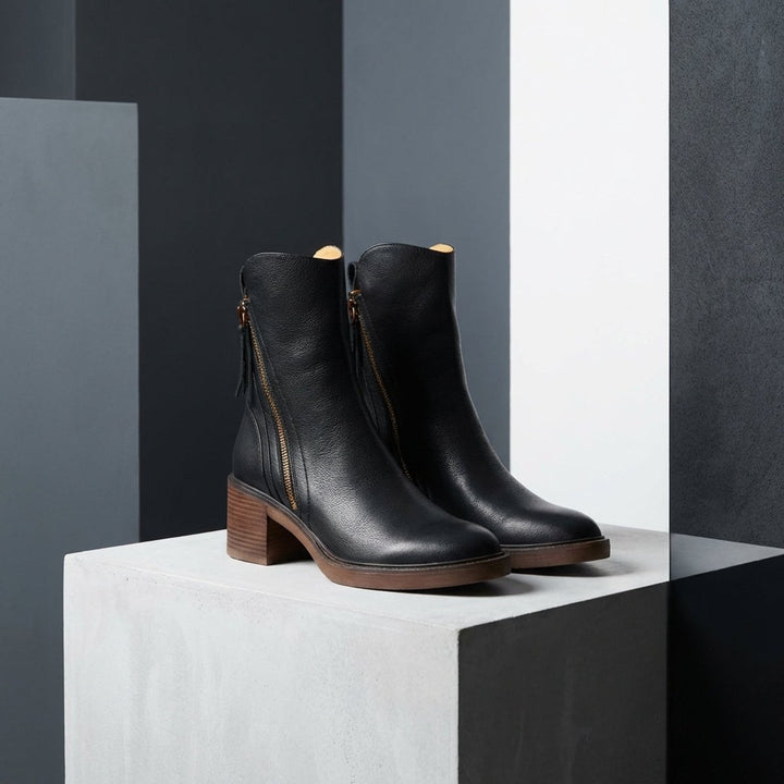 Women's Leather Block-Heel Ankle Boots Side-Zip