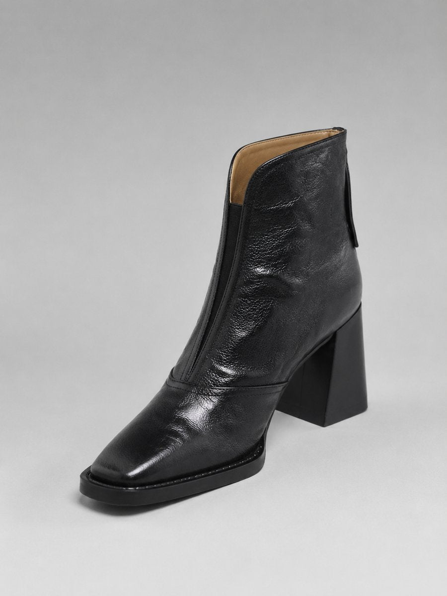 Women's Leather Block-Heel Ankle Boots Square-Toe Zip