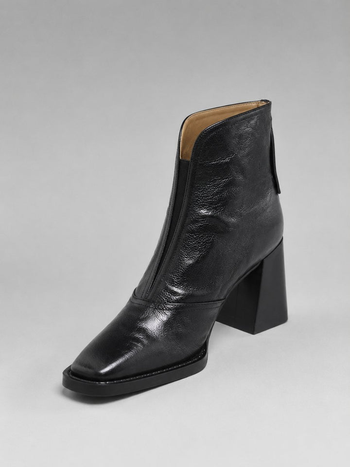 Women's Leather Block-Heel Ankle Boots Square-Toe Zip