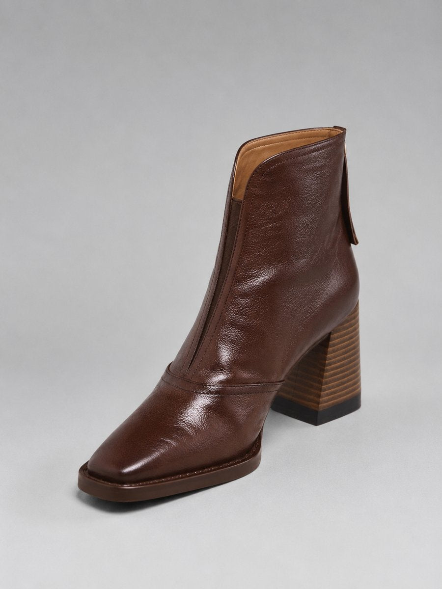 Women's Leather Block-Heel Ankle Boots Square-Toe Zip