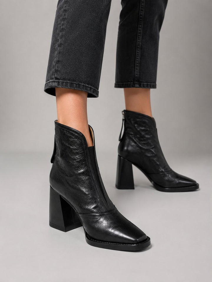 Women's Leather Block-Heel Ankle Boots Square-Toe Zip
