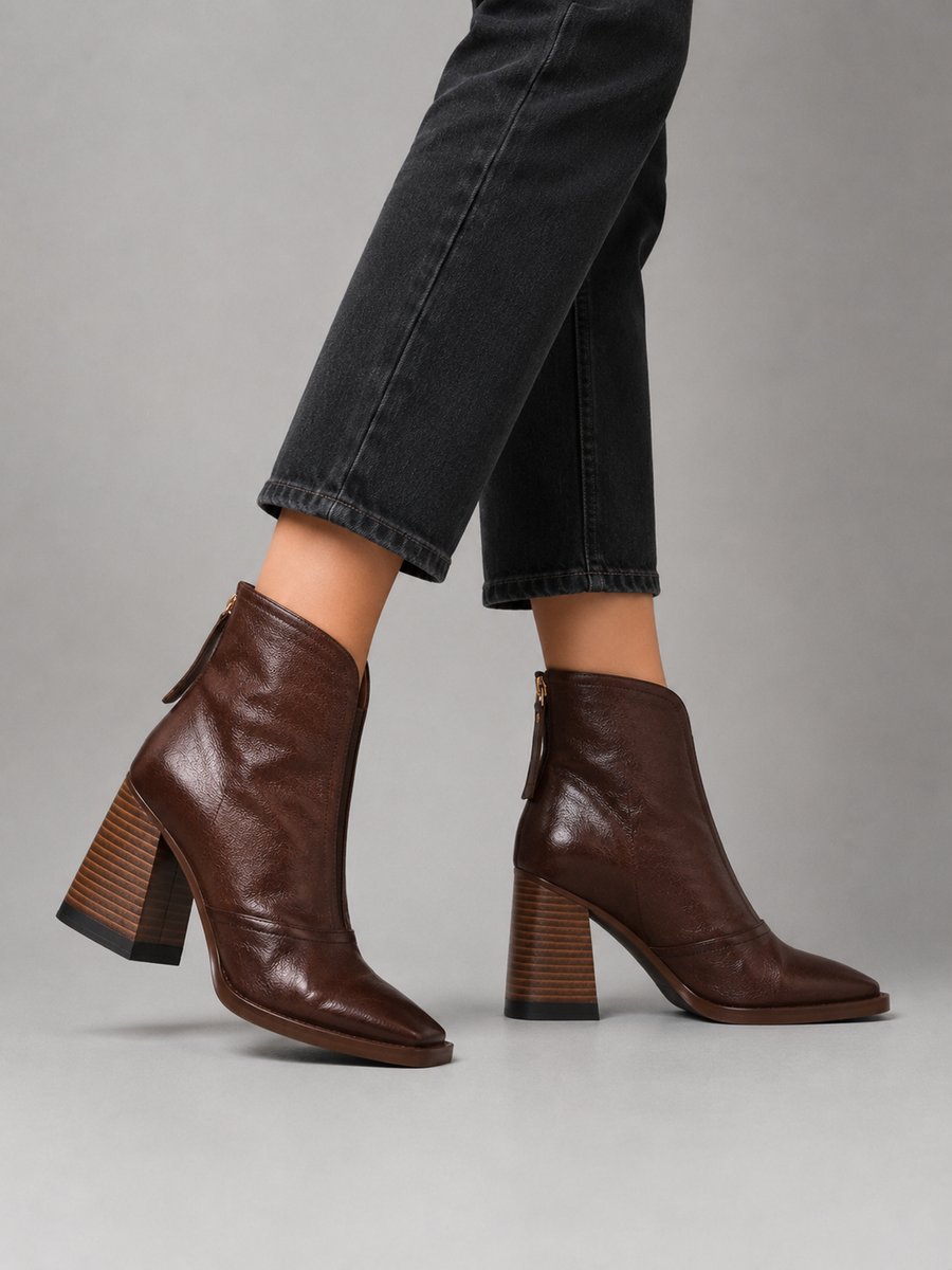 Women's Leather Block-Heel Ankle Boots Square-Toe Zip
