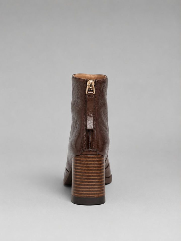 Women's Leather Block-Heel Ankle Boots Square-Toe Zip