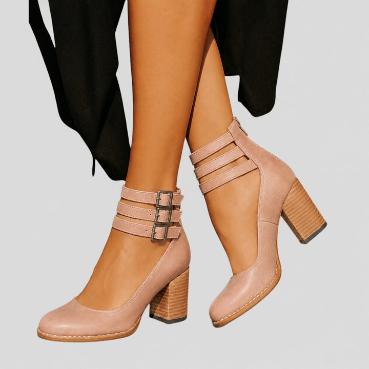 Women's Leather Block-Heel Ankle Boots Triple-Buckle Strap - Cream