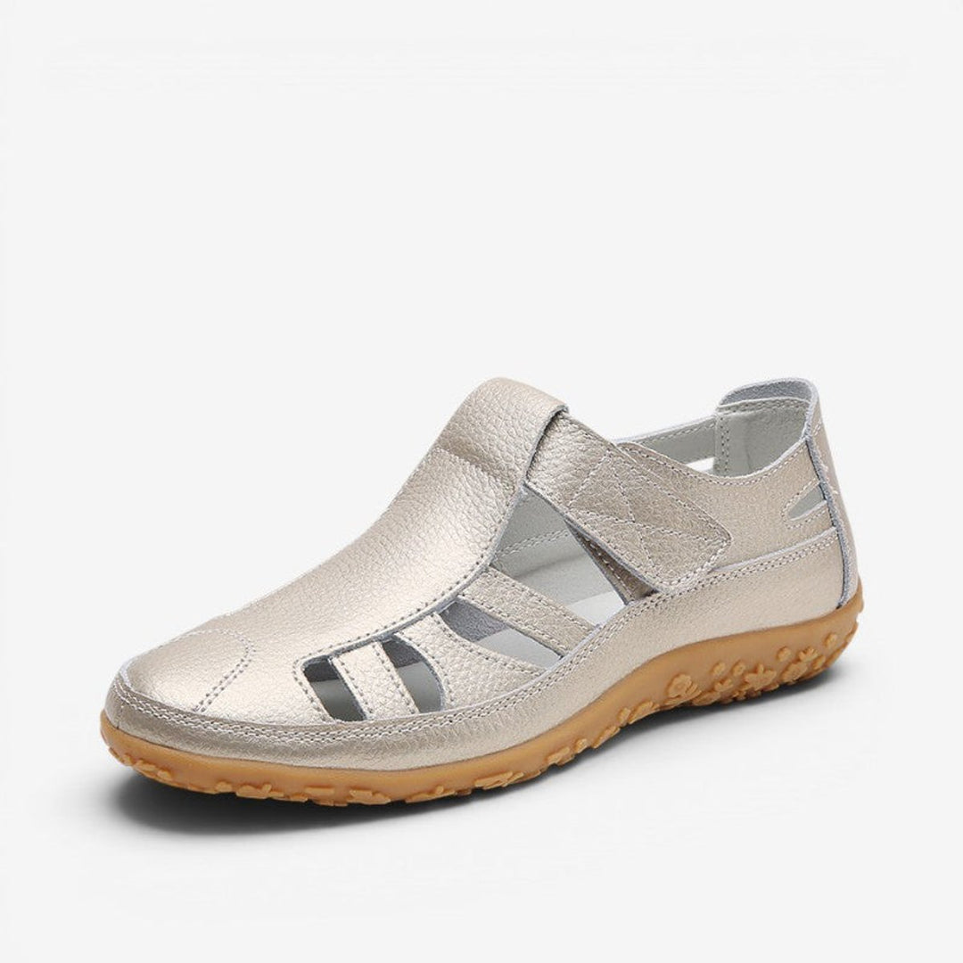 Women's Leather Hollow Slip-On Flat Sandals Velcro Strap